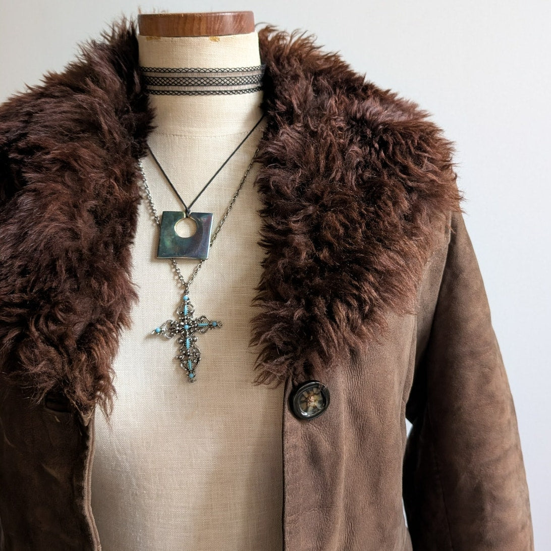 Vintage Brown Suede Penny Lane Jacket Fur Furry Leather Groovy Trench Coat Small