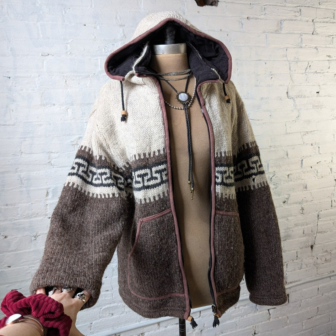 Vintage Hand Knit Wool Fleece Jacket Fuzzy Chunky Grandpa Sweater Nordic Coat