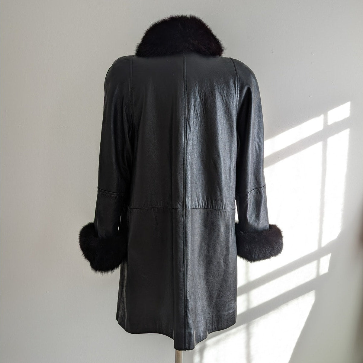 Vintage Black Leather Penny Lane Jacket Fur Trim Goth Afghan Trench Coat Small