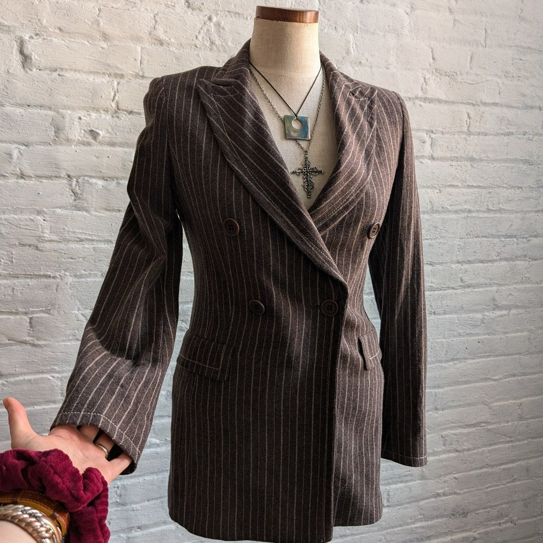 Vintage Brown Wool Pinstripe Blazer Earthy Wool Jacket Preppy Minimalist Medium