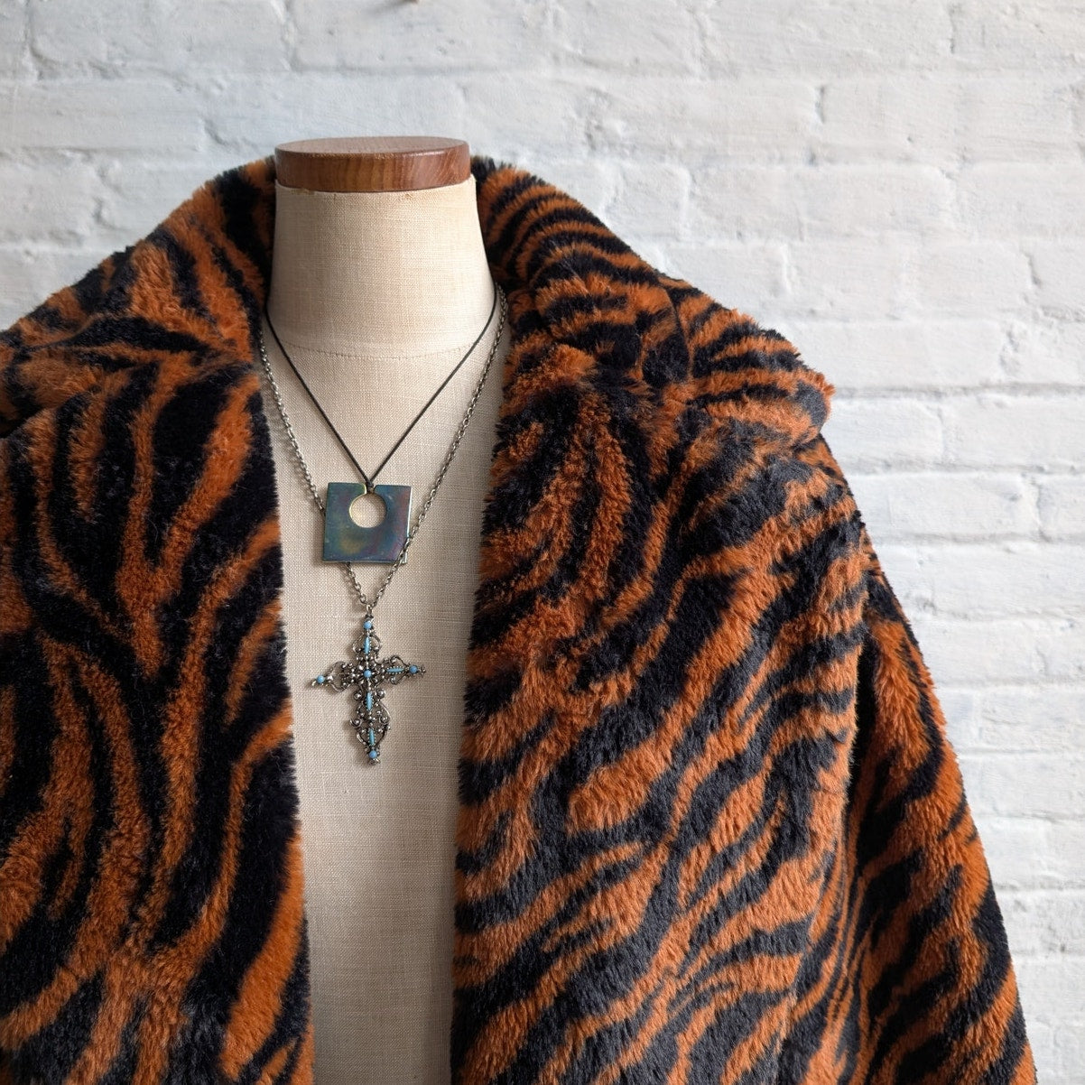 Y2K Orange Cheetah Faux Fur Trench Coat Striped Animal Print Fuzzy Furry Jacket