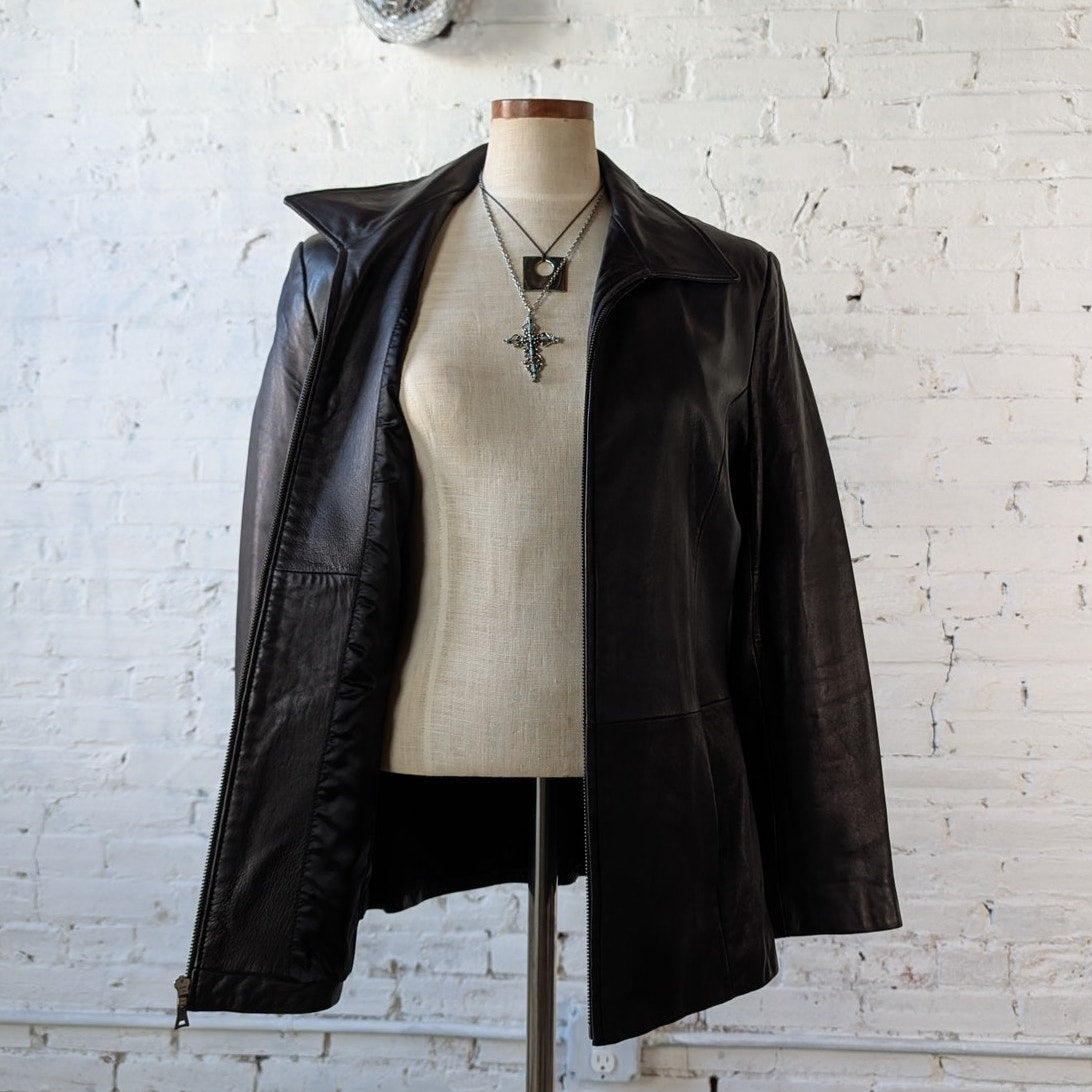 Vintage Black Leather Jacket Minimalist Biker Chic 90s Black Leather Coat Medium