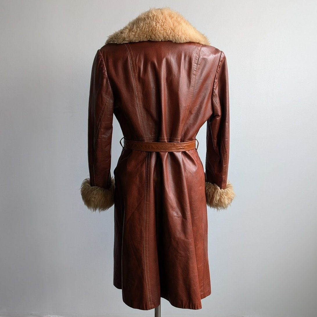 Vintage Leather Jacket Red Brown 70s Penny Lane Trench Coat Afghan Fur Medium