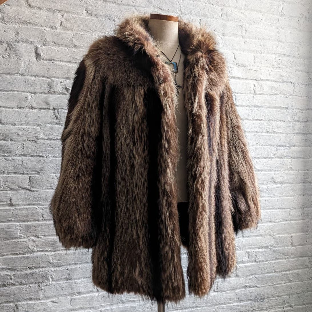 70s Vintage Mob Wife Raccoon Fur Coat Coat Groovy Furry Shag Oversize Jacket
