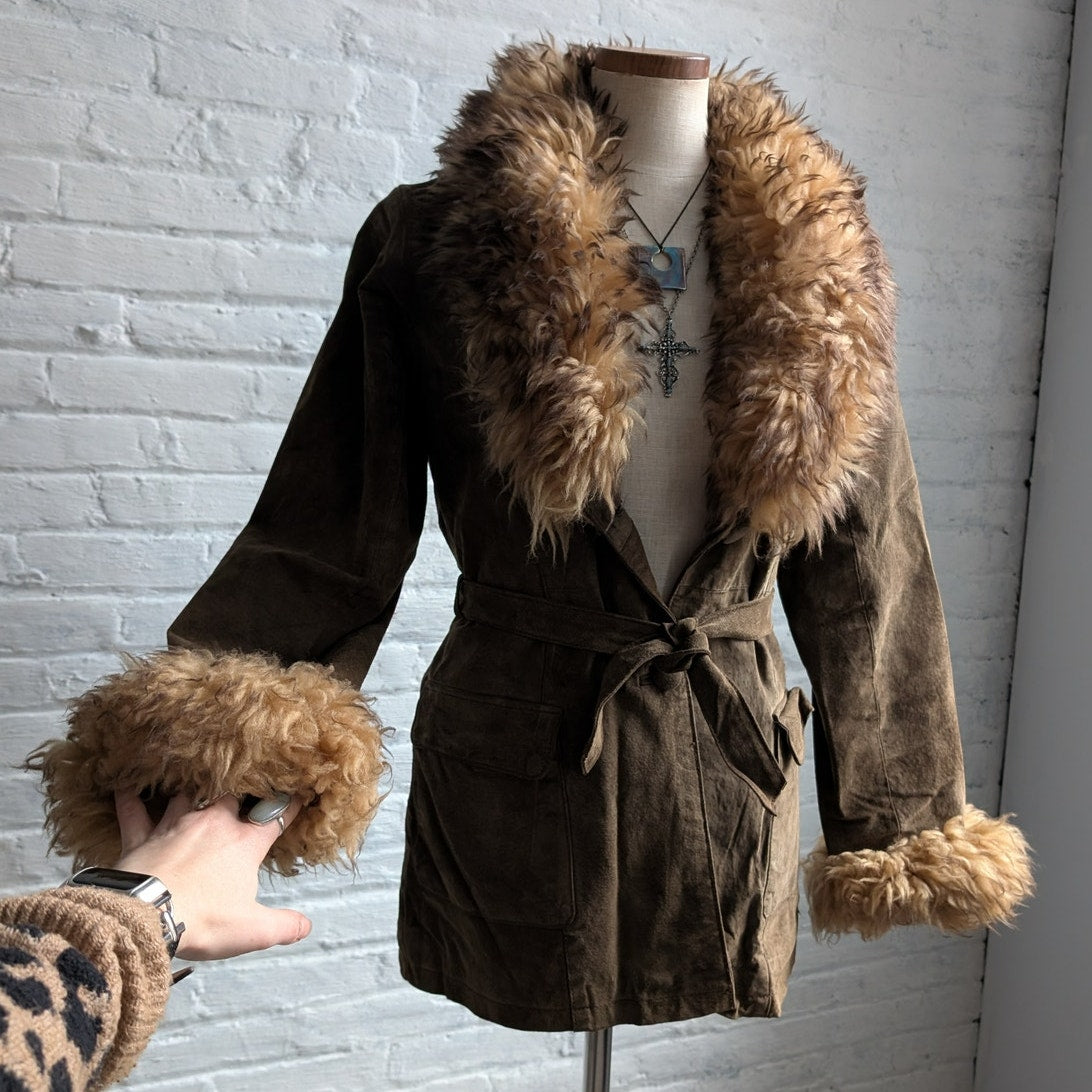 Vintage Brown Suede Penny Lane Jacket Fur Furry Leather Groovy Mod Trench Coat
