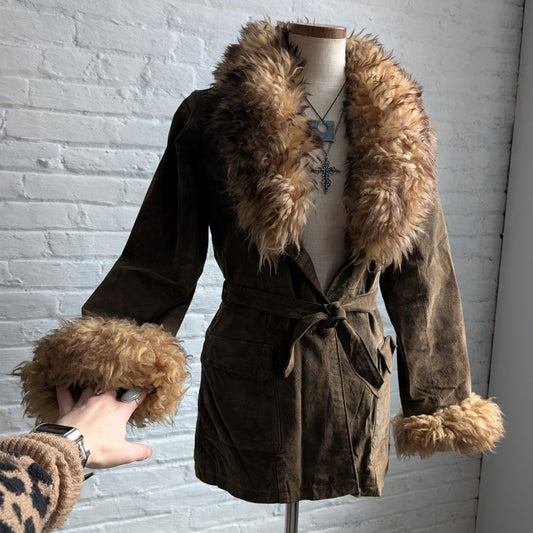 Vintage Brown Suede Penny Lane Jacket Fur Furry Leather Groovy Mod Trench Coat
