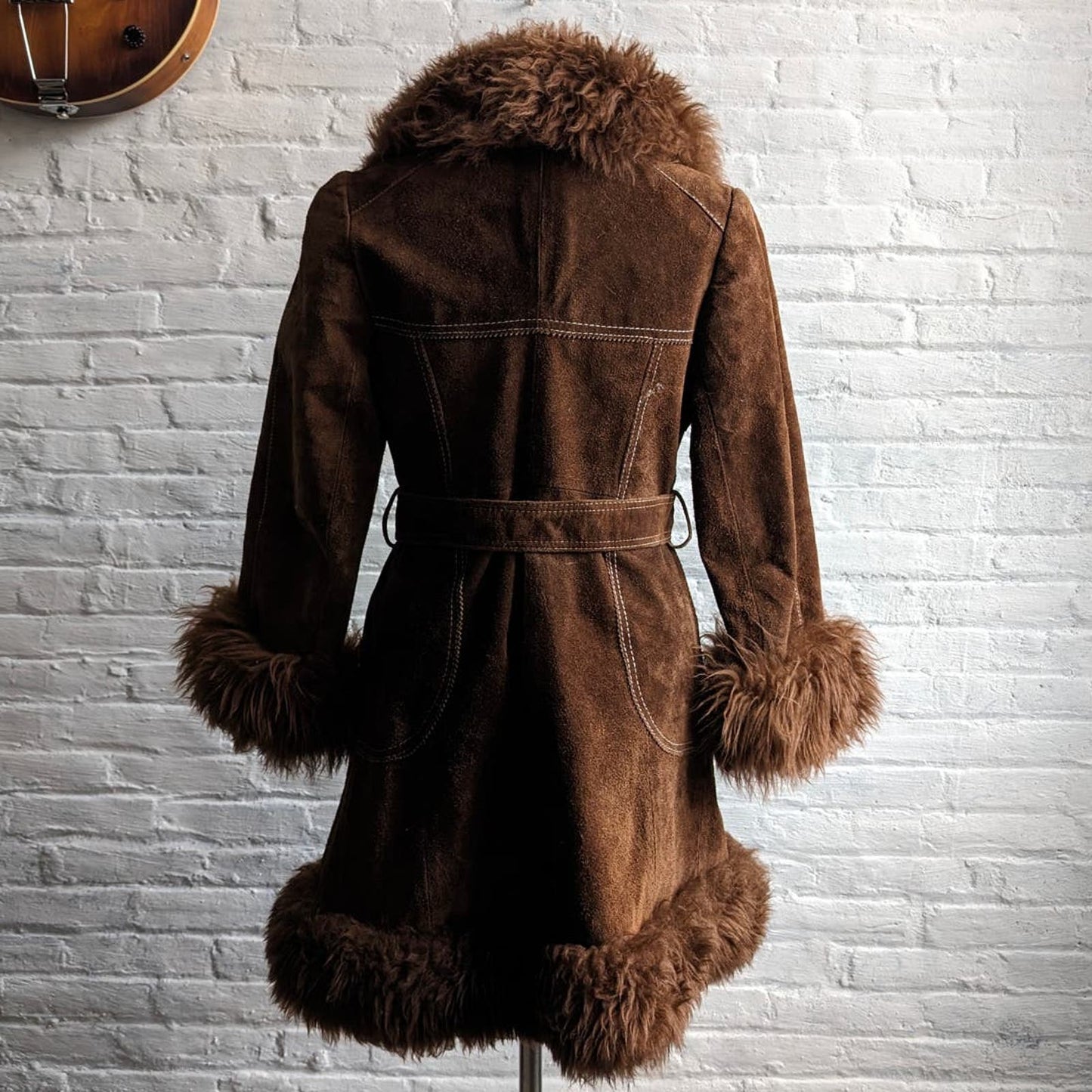Vintage Penny Lane Fur Furry Genuine Suede Leather Groovy Mod Trench Coat Jacket