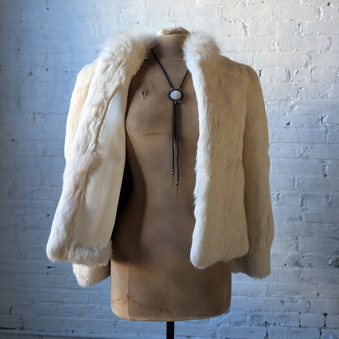 Vintage White Rabbit Fur Coat Mob Wife Minimalist Furry Boho Chic Glam Jacket