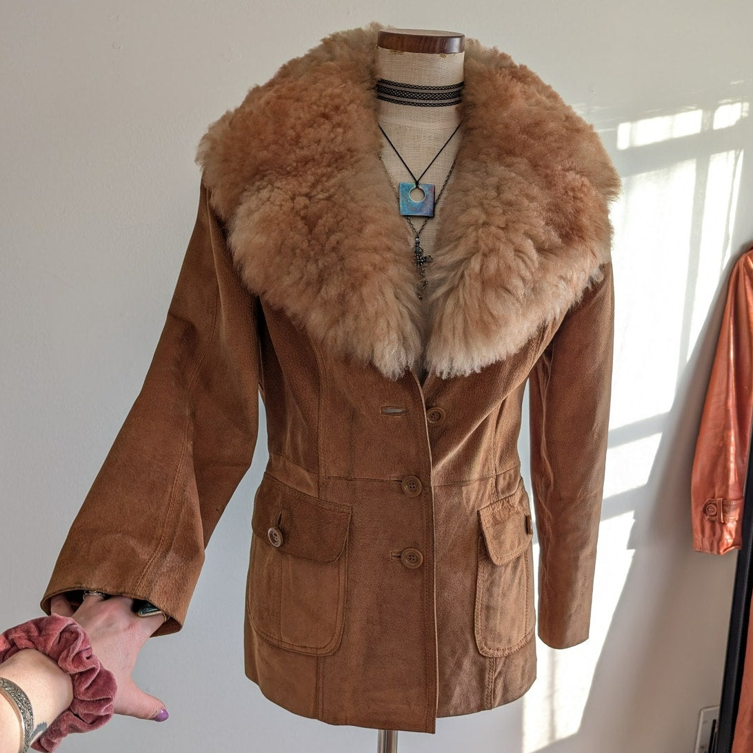 Vintage Brown Leather Coat 70s Suede Penny Lane Jacket Boho Chic Neutral Small