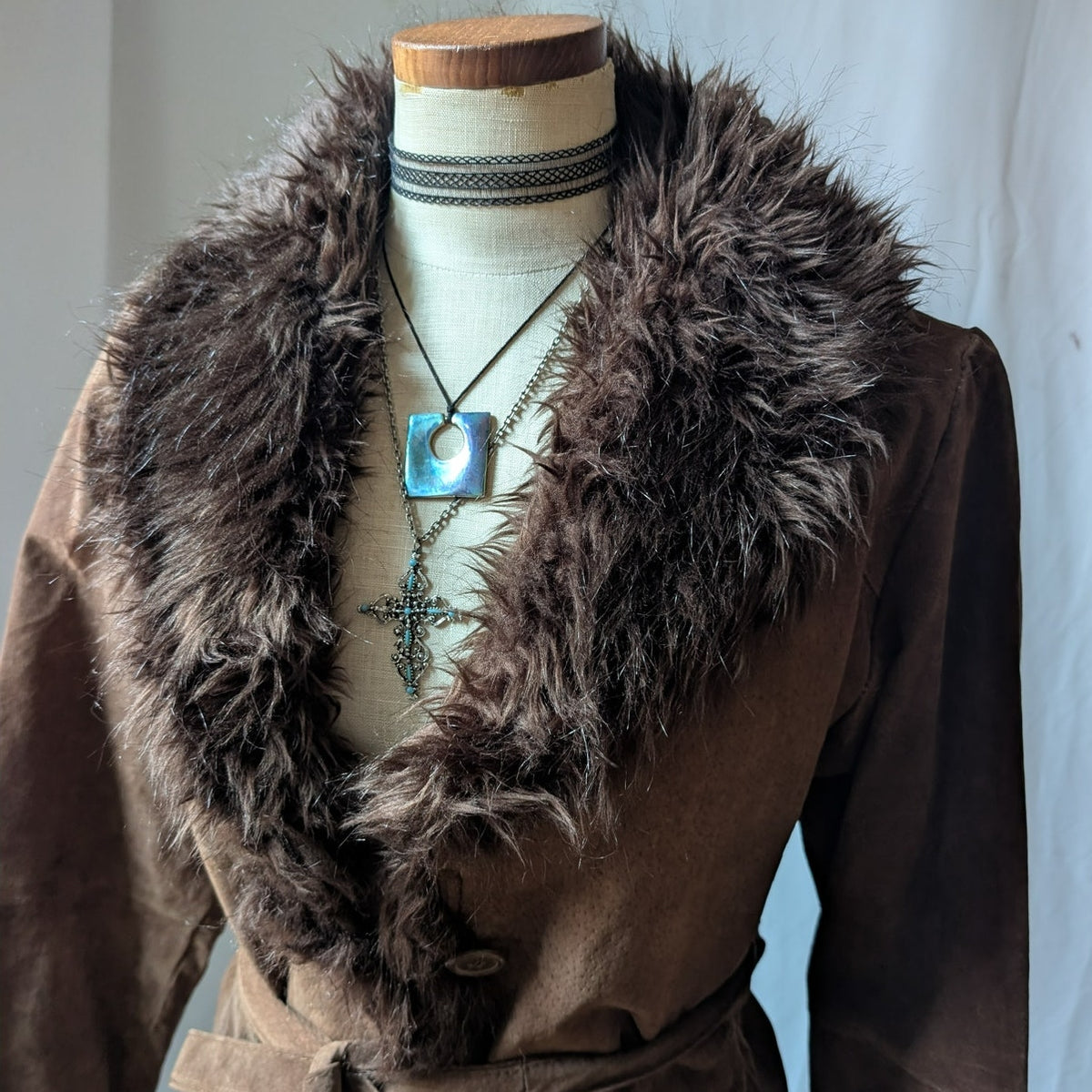Y2K Vintage Brown Suede Penny Lane Coat M Faux Fur Leather Jacket Boho Afghan