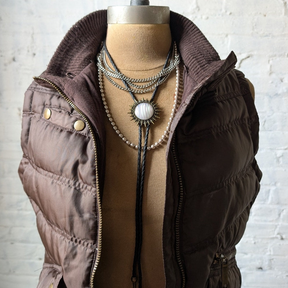 Y2K Dark Chocolate Brown Puffer Vest Quilted Cropped Thermal Zip Up Jacket Top