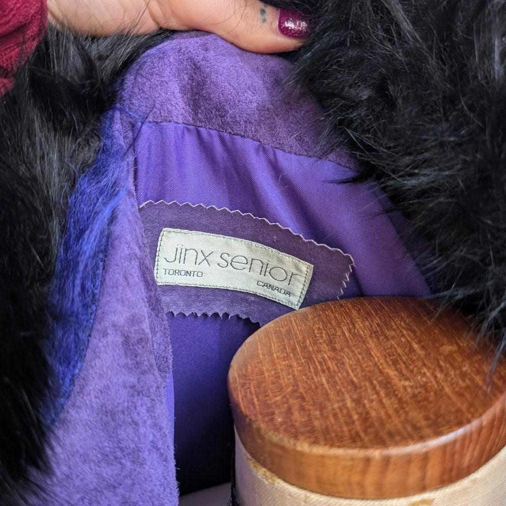 Vintage Purple Suede Mohair Cape Wool Jacket Shag Fur Coat Leather Poncho Medium