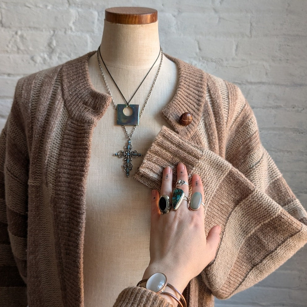 Vintage Wool Neutral Knit Cardigan Zipper Chunky Stripe Sweater Cozy Shacket