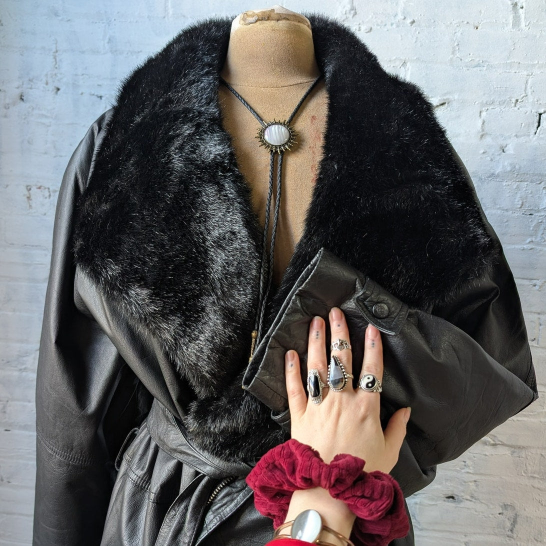 Vintage Black Leather Penny Lane Coat Faux Fur Trench Minimalist Goth Jacket