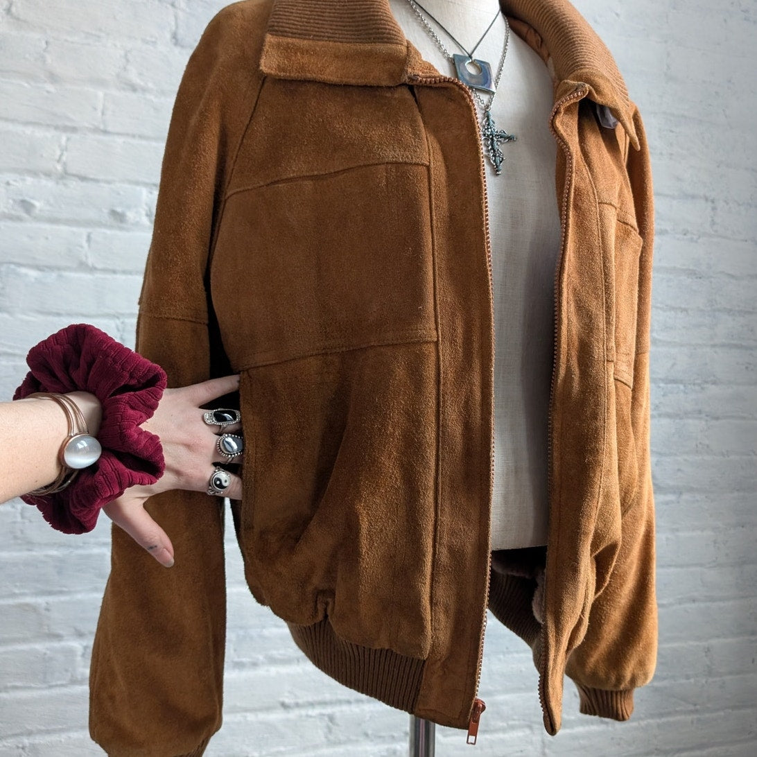 Vintage Orange Genuine Suede Leather Bomber Jacket Rusty Red Western Chore Coat