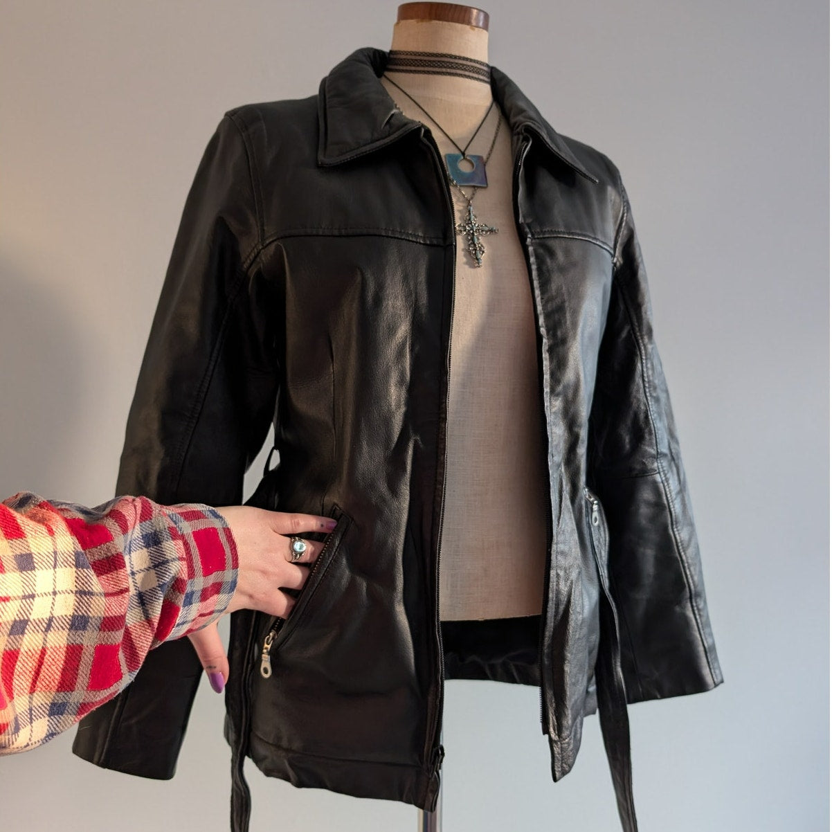 Vintage Black Genuine Leather Trench Coat Minimalist Goth Duster Jacket Small