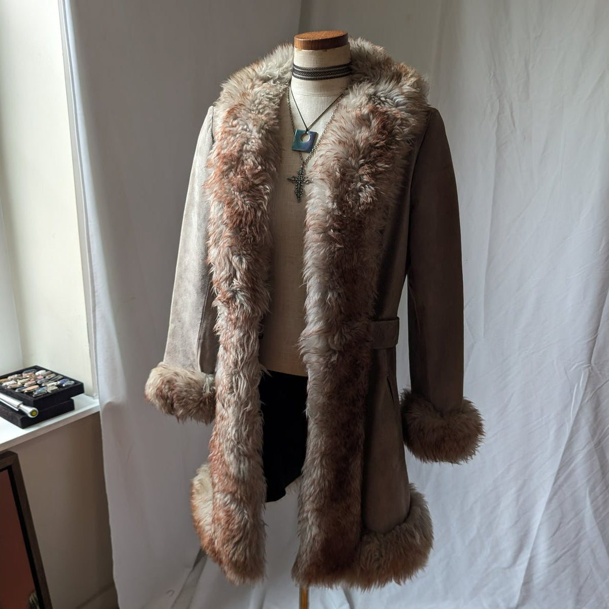 Vintage Suede Penny Lane Fur Trim Jacket M Tan Shearling 70s Leather Trench Coat