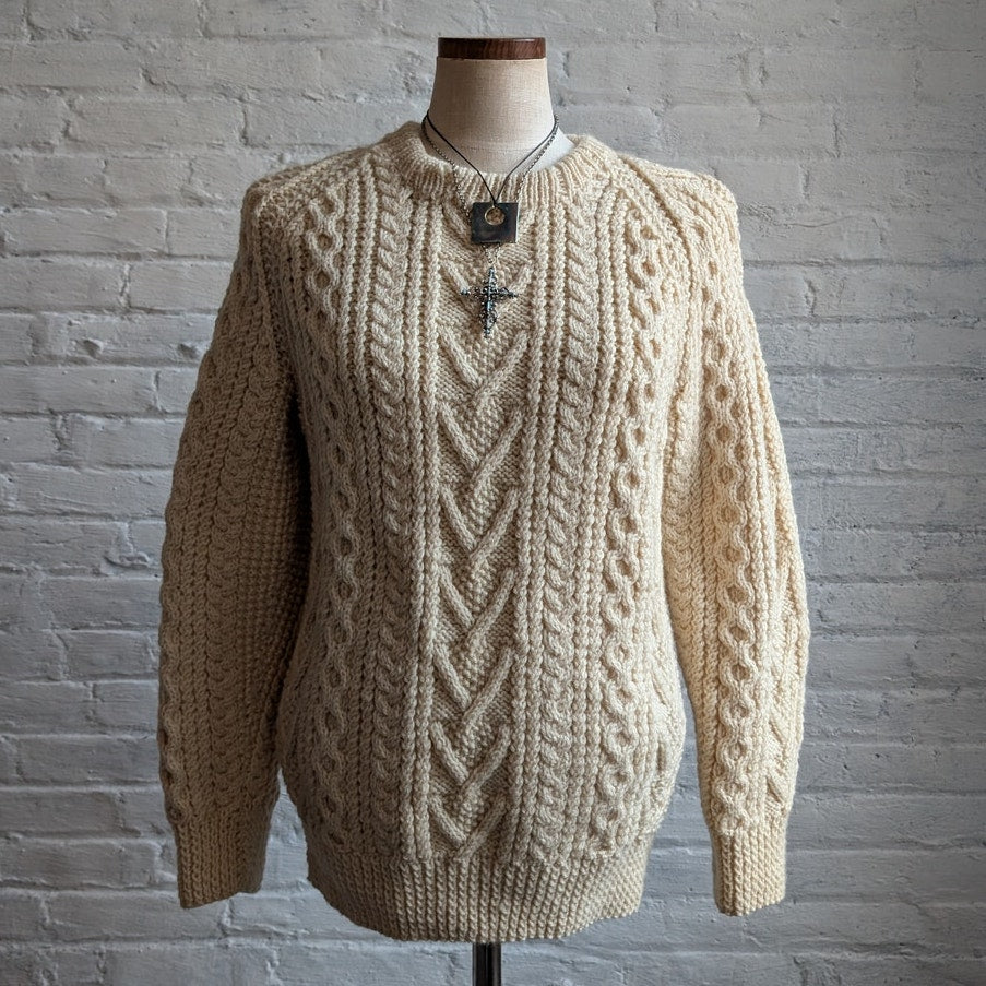 Vintage Wool Fisherman Knit Grandpa Sweater Minimalist Chunky Cable Knitted Top