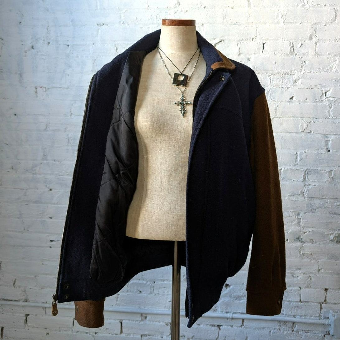 Vintage Navy Wool Leather Bomber Jacket Brown Varsity Western Utility Coat Large
