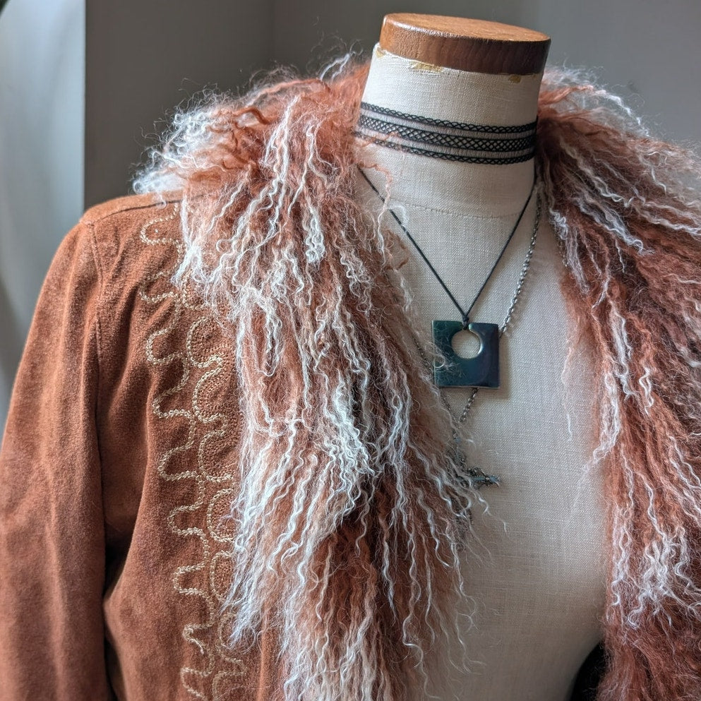 Vintage Rusty Brown Suede Coat Penny Lane Trench Groovy Fur Jacket Afghan Medium