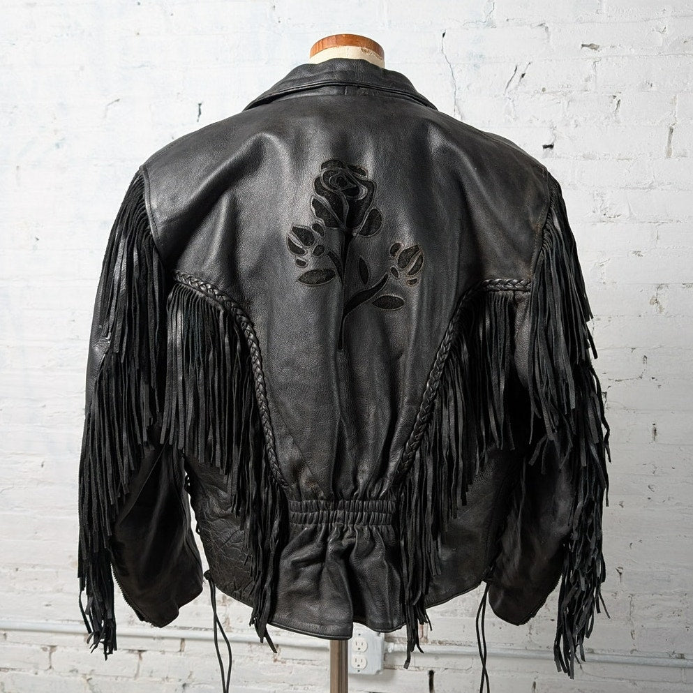 Vintage Black Leather Biker Fringe Jacket Moto Western Velvet Goth Coat Large