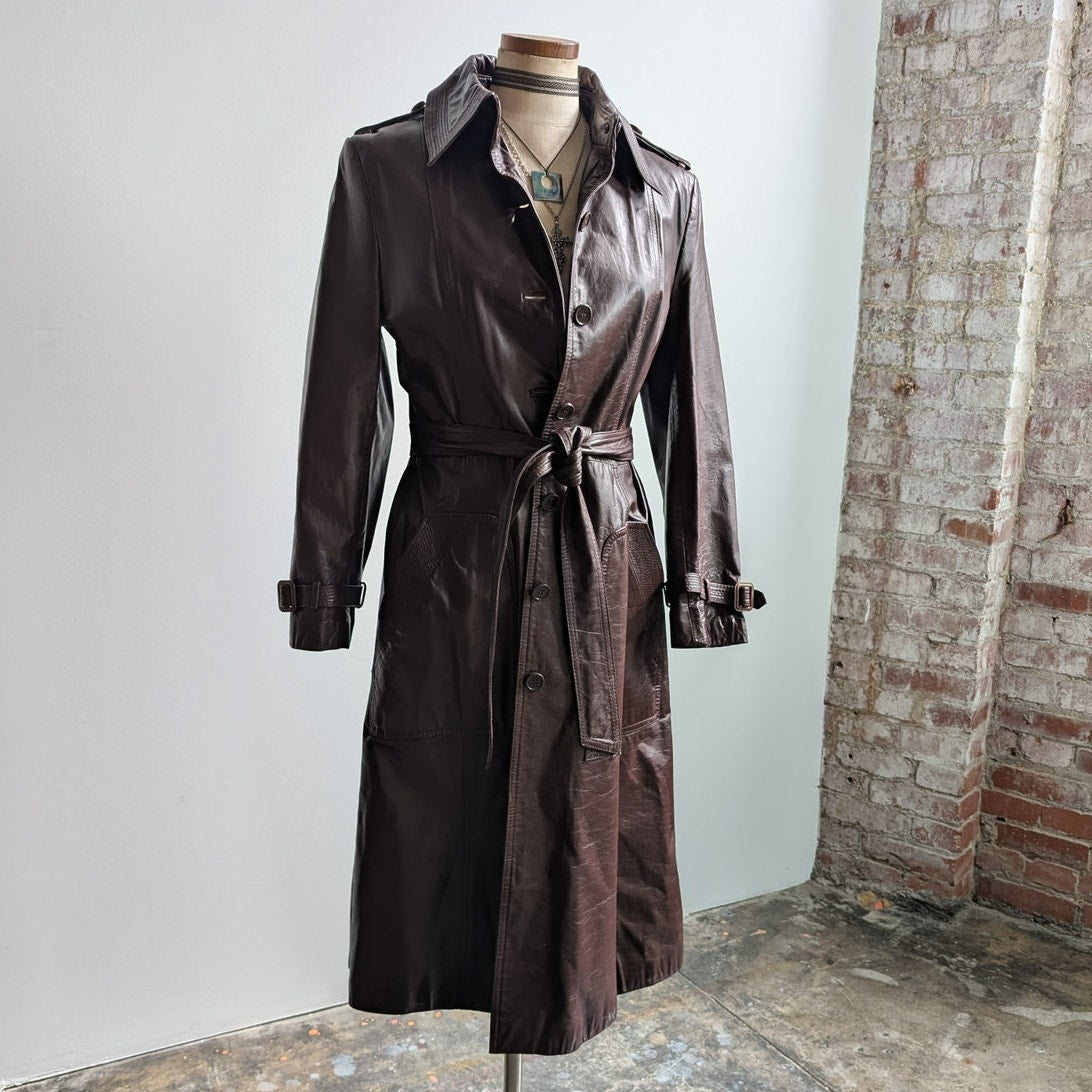 Vintage Brown Red Leather Jacket Minimalist Grunge Chic Biker Trench Coat Large