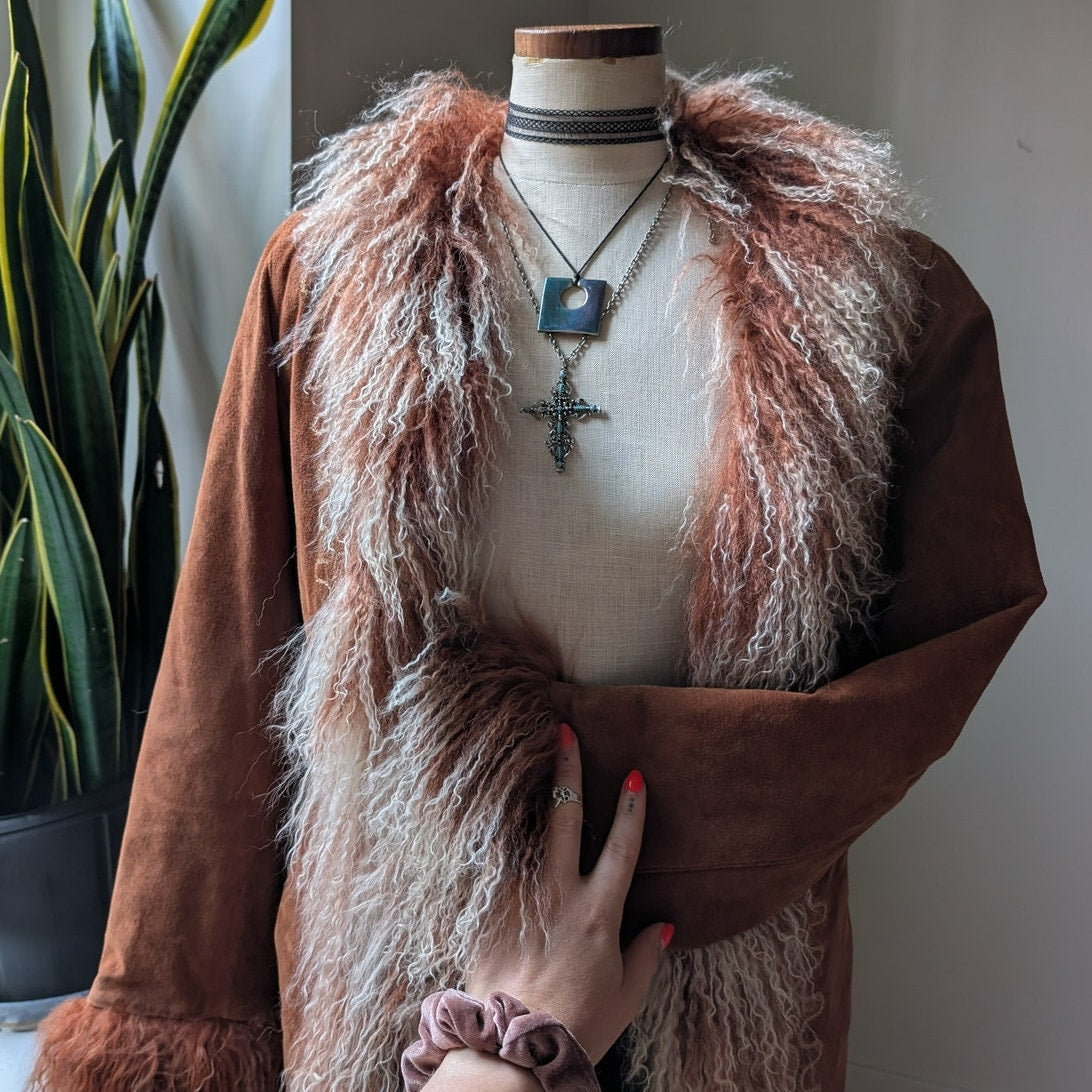 Vintage Rusty Brown Suede Coat Penny Lane Trench Groovy Fur Jacket Afghan Medium