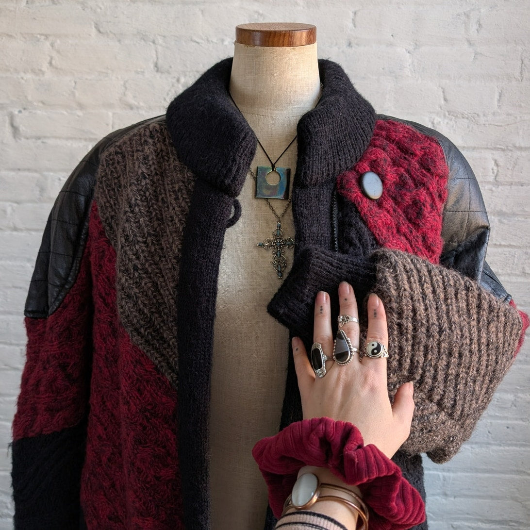 Vintage Cable Knit Leather Sweater Coat Grandpa Granny Cozy Cottage Parka Jacket