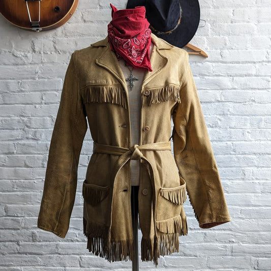 Vintage Tan Leather Fringe Jacket Western Minimalist Witchy Boho Cowgirl Blazer