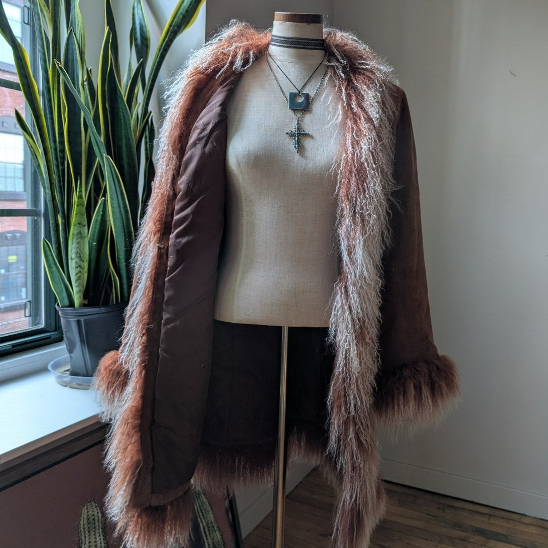 Vintage Rusty Brown Suede Coat Penny Lane Trench Groovy Fur Jacket Afghan Medium