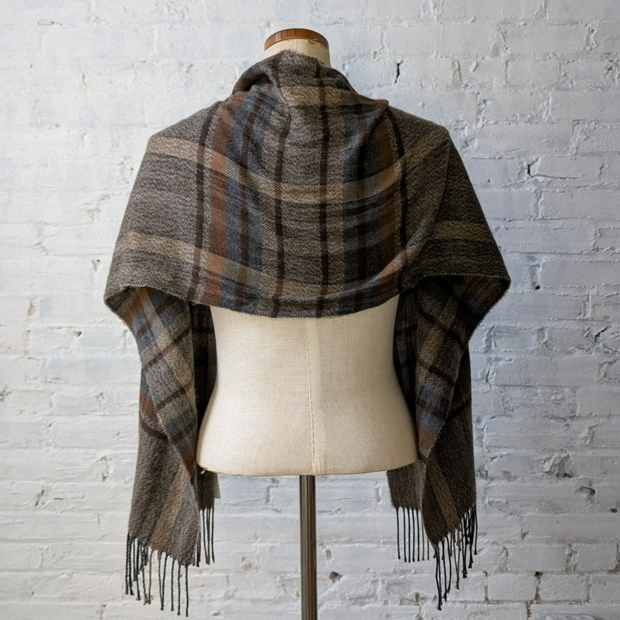 Vintage Knit Earthy Plaid Fringe Scarf Italian Striped Flannel Fuzzy Shawl Wrap