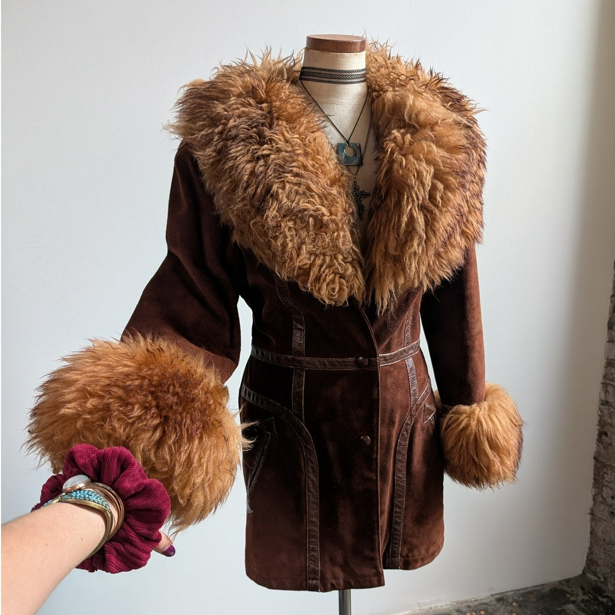 Vintage Brown Suede Penny Lane Jacket Groovy Fur Coat 70s Leather Western Medium