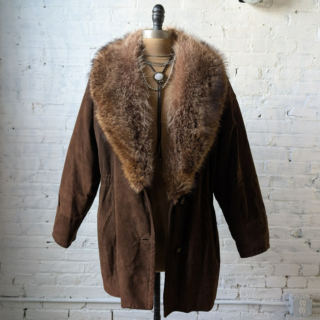 Vintage Brown Suede Coat Fur Trim Genuine Leather Minimalist Mini Trench Jacket