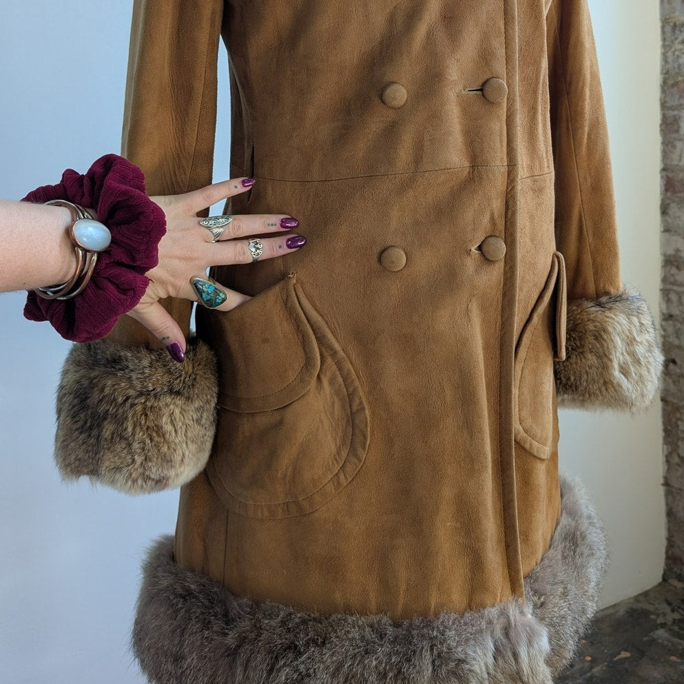 Vintage Brown Suede Fur Trim Penny Lane Jacket Furry Leather Trench Coat Medium