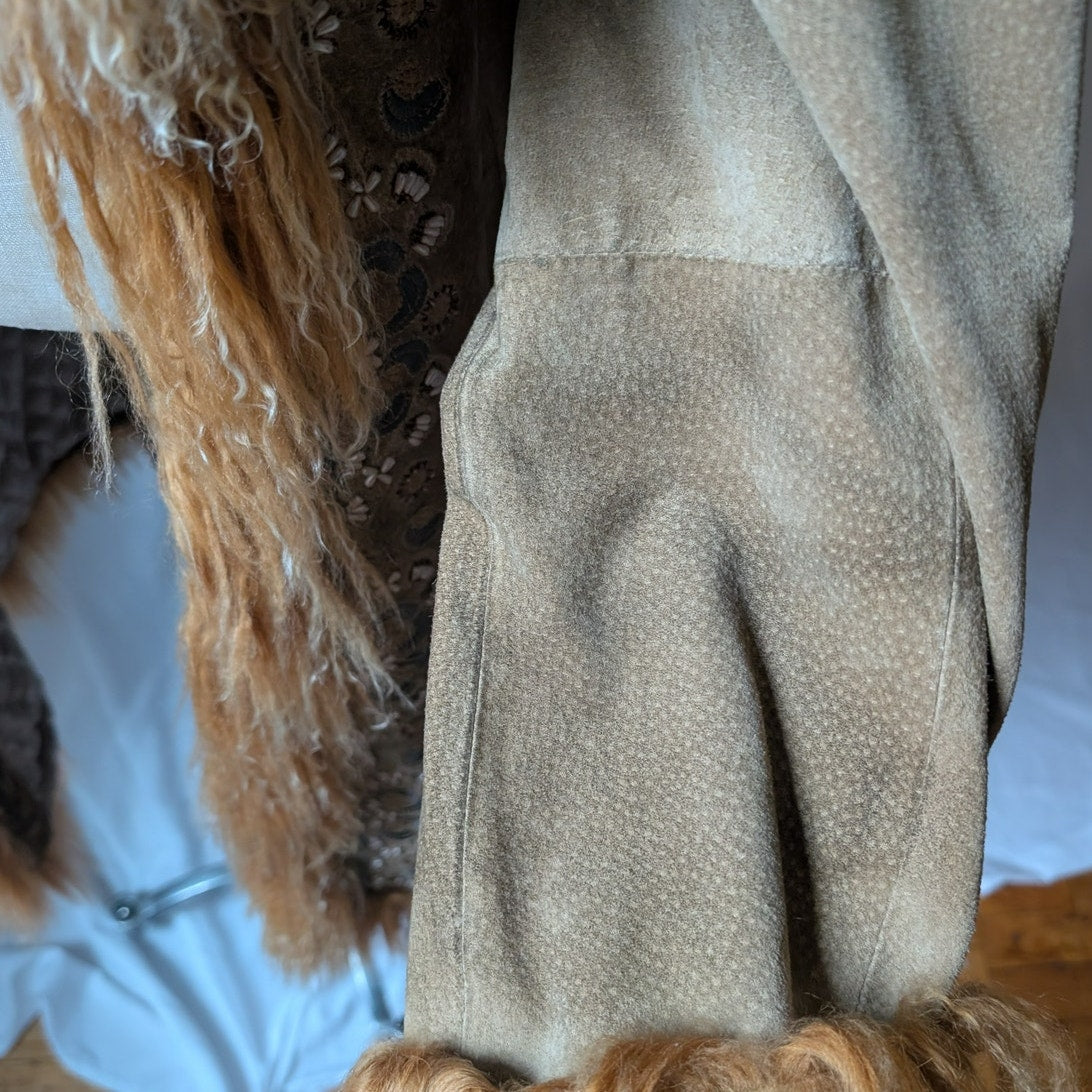 Vintage Rusty Brown Suede Coat L Penny Lane Trench Groovy Fur Jacket Afghan