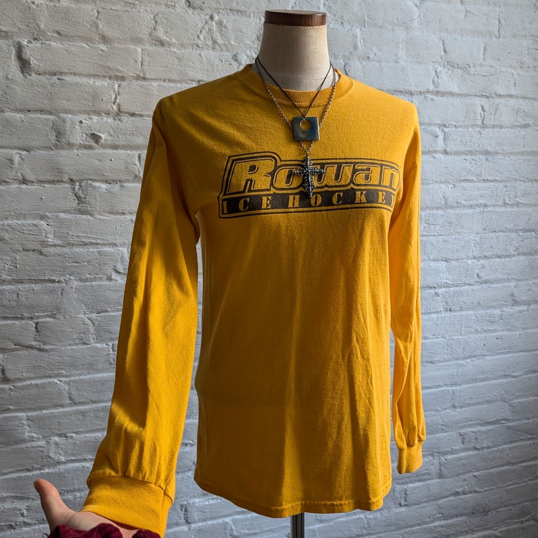 Vintage Yellow Crewneck Tee Hockey Graphic Long Sleeve Retro Tshirt Top Small