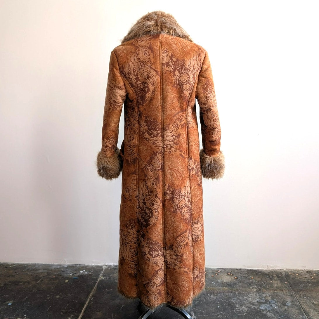 Vintage Penny Lane Groovy Faux Fur Jacket Boho Afghan Tapestry Trench Coat Small