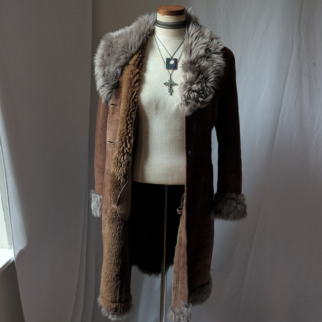 Vintage Brown Suede Penny Lane Jacket S Fur Furry Leather Groovy Mod Trench Coat