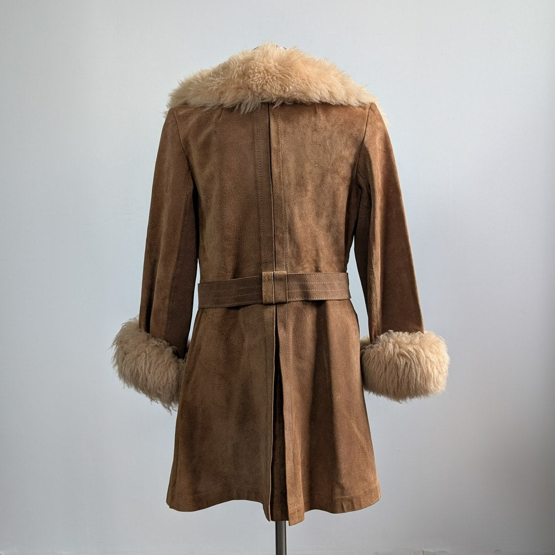 Vintage Brown Suede Fur Coat Boho Tan Leather Penny Lane Jacket Fur Trim Small