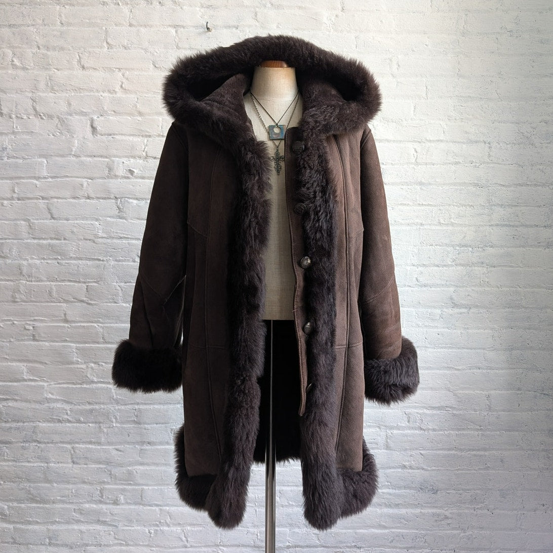 Vintage Brown Suede Fur Jacket Penny Lane Fur Furry Leather Groovy Trench Coat