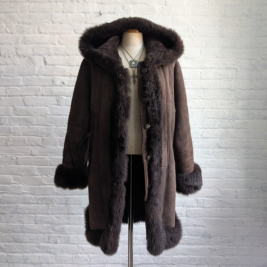 Vintage Brown Suede Fur Jacket Penny Lane Fur Furry Leather Groovy Trench Coat