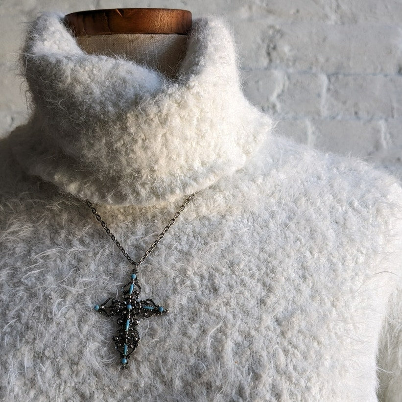 Vintage White Fuzzy Knit Sweater Preppy Furry Minimalist Turtleneck Top Small