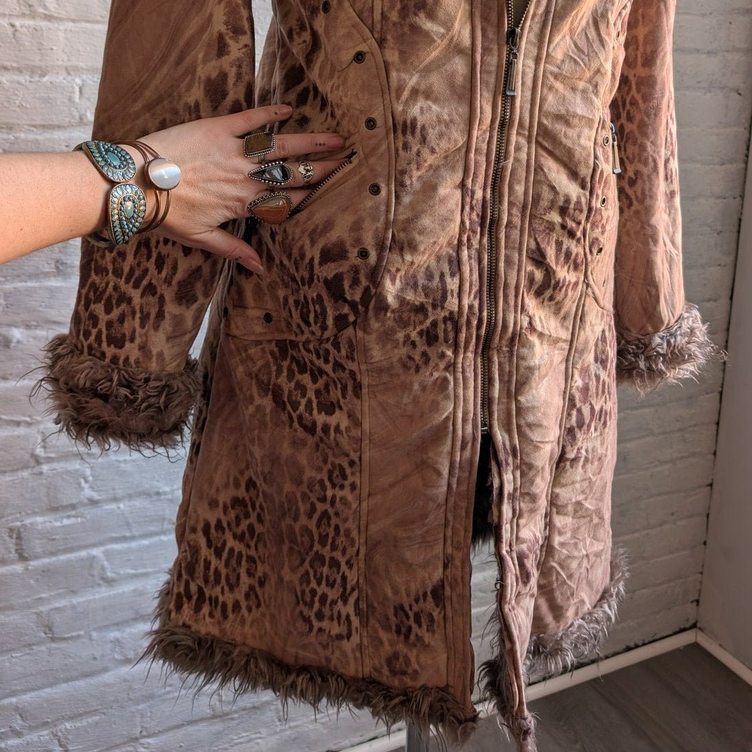 Vintage Faux Fur Cheetah Penny Lane Jacket Neutral Leopard Print Trench Coat