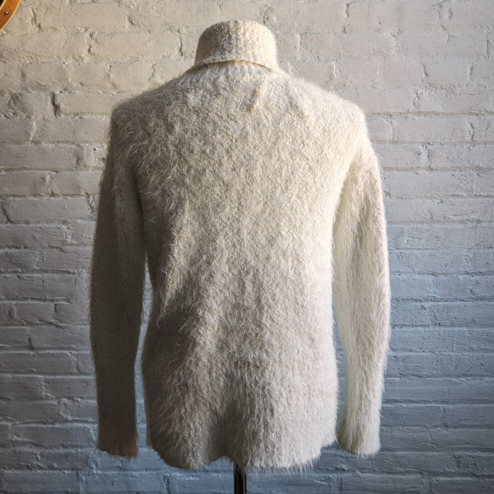 Vintage White Fuzzy Knit Sweater Preppy Furry Minimalist Turtleneck Top Small