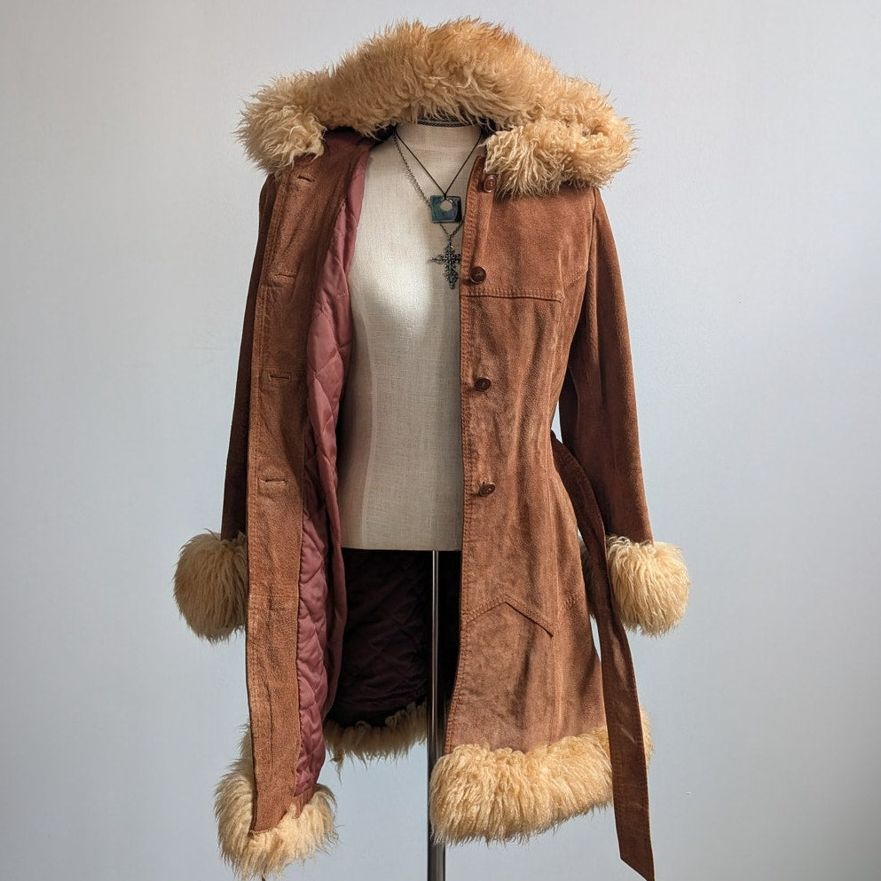 Vintage Brown Suede Coat Penny Lane Jacket Leather Trench Fur Coat Afghan Small