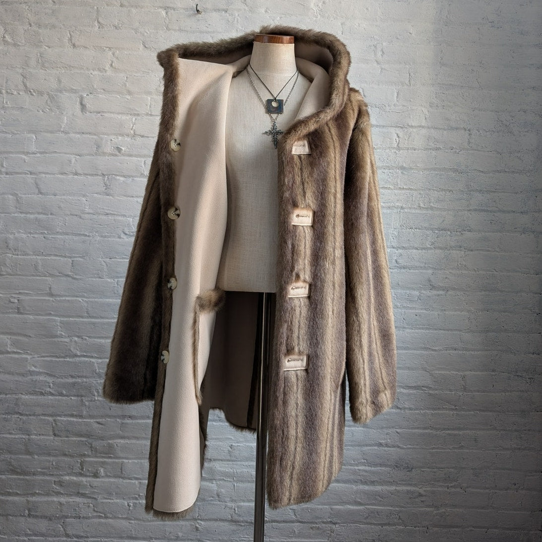 Vintage Brown Faux Fur Coat Vegan Suede Reversible Plush Cozy Trench Jacket