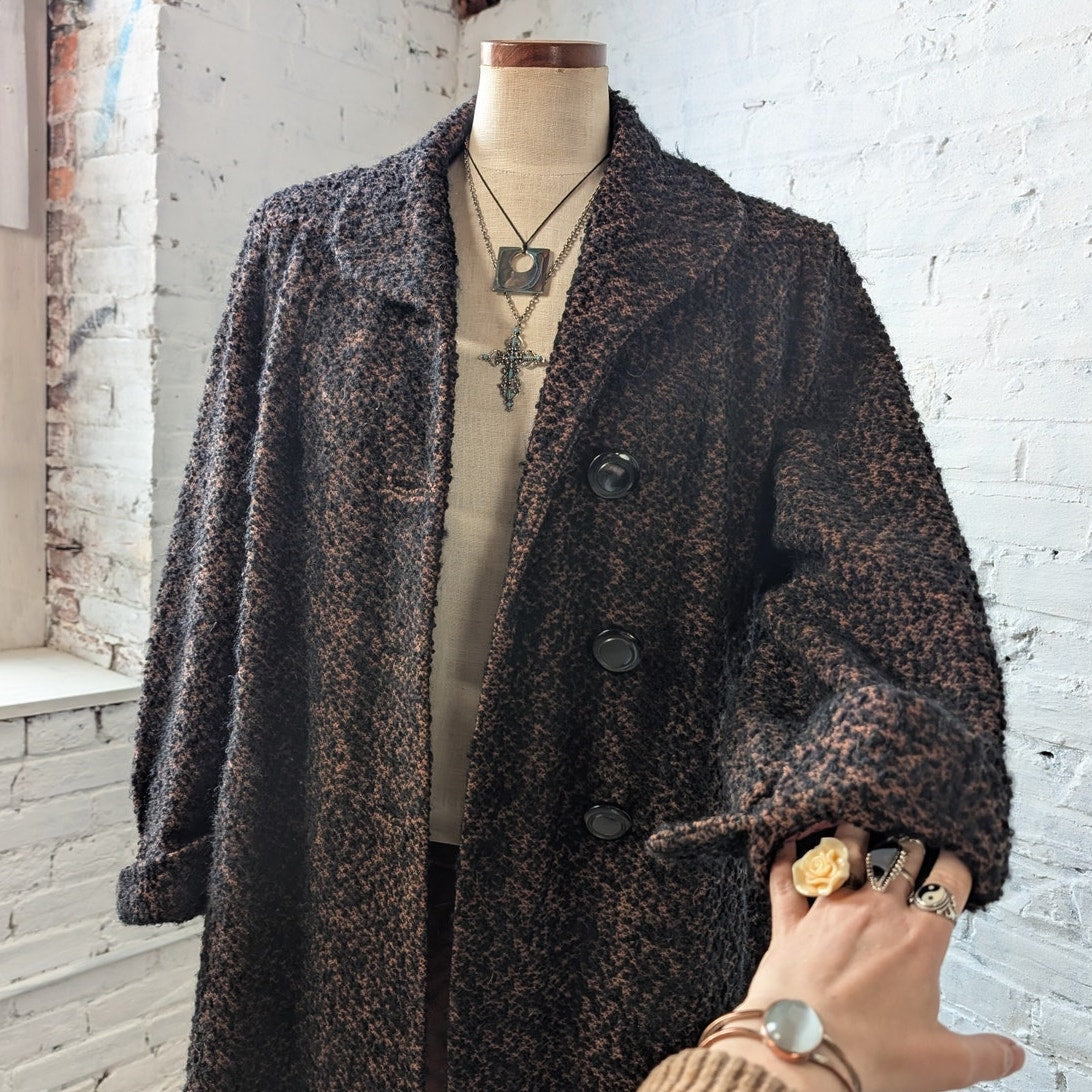 Vintage Black Rusty Fuzzy Wool Trench Coat Preppy Knit Boucle Boho Breezy Jacket