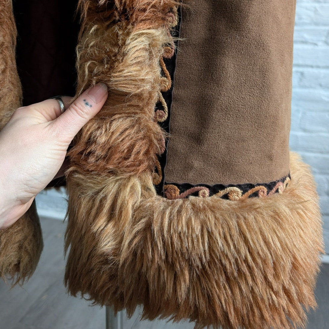 70s Vintage Brown Faux Fur Afghan Coat Penny Lane Groovy Shaggy Trench Jacket