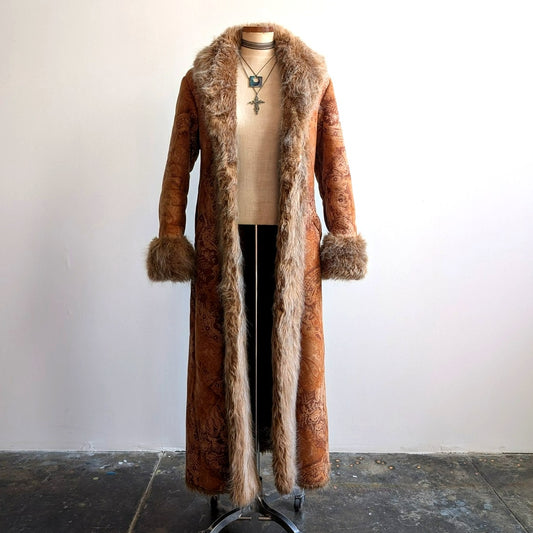 Vintage Penny Lane Groovy Faux Fur Jacket Boho Afghan Tapestry Trench Coat Small