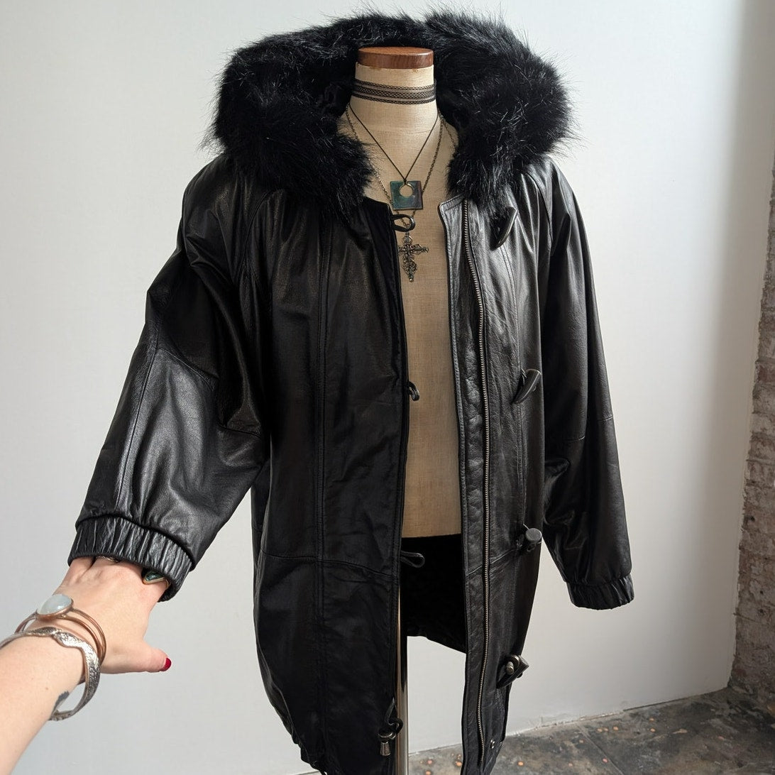 Vintage Black Leather Jacket Penny Lane Fur Hooded Trench Coat Minimalist Medium